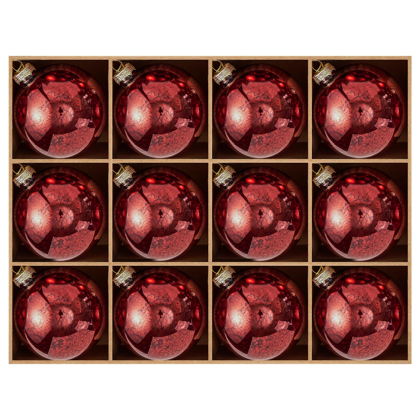 DN DECONATION front packaging showing 12 red mercury glass ornaments and ready-to-hang convenience