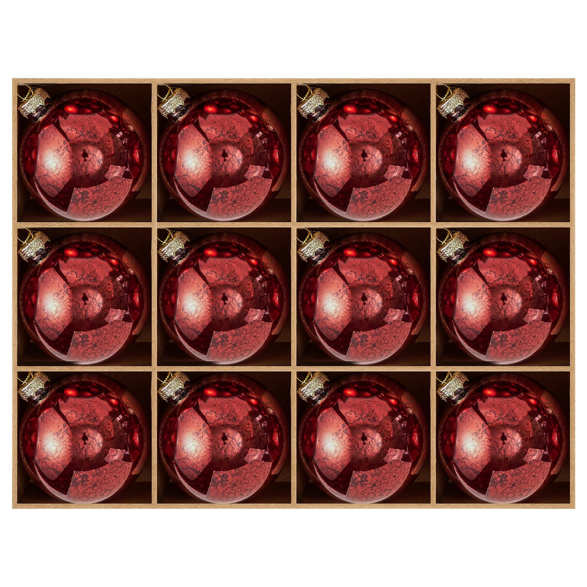 DN DECONATION front packaging showing 12 red mercury glass ornaments and ready-to-hang convenience