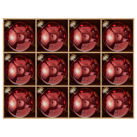DN DECONATION front packaging showing 12 red mercury glass ornaments and ready-to-hang convenience