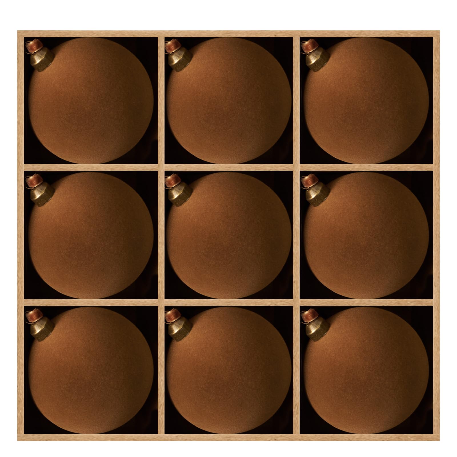 DN DECONATION front view of nine brown velvet ornaments showing set and color benefits