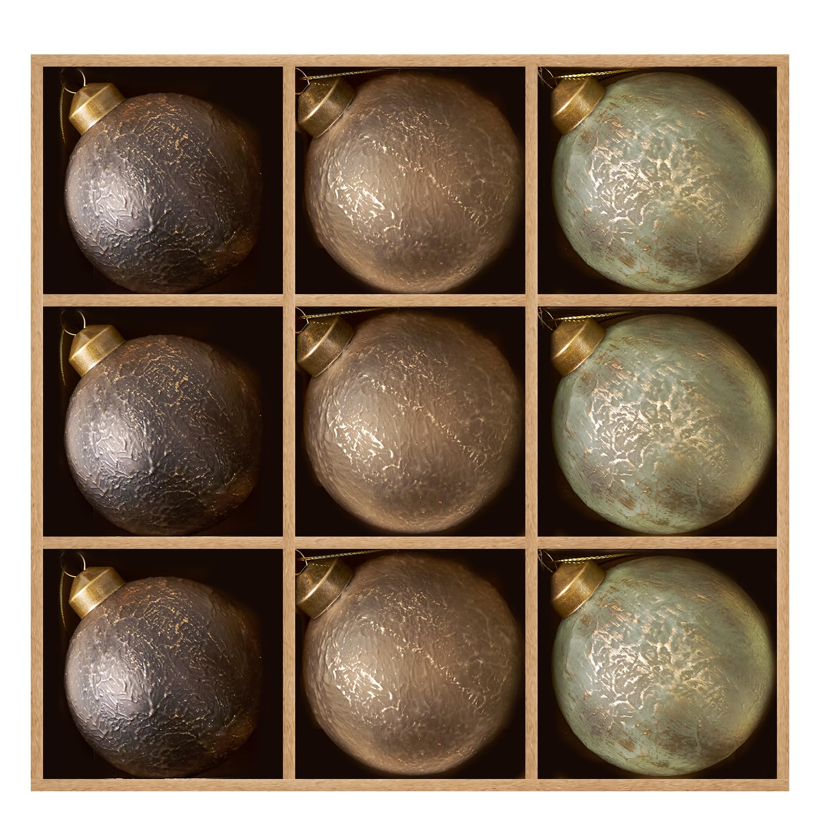 DN DECONATION front view of nine matte glass ornaments showcasing color set and packaging