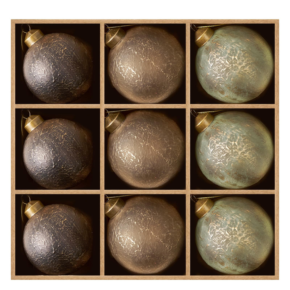 DN DECONATION front view of nine matte glass ornaments showcasing color set and packaging