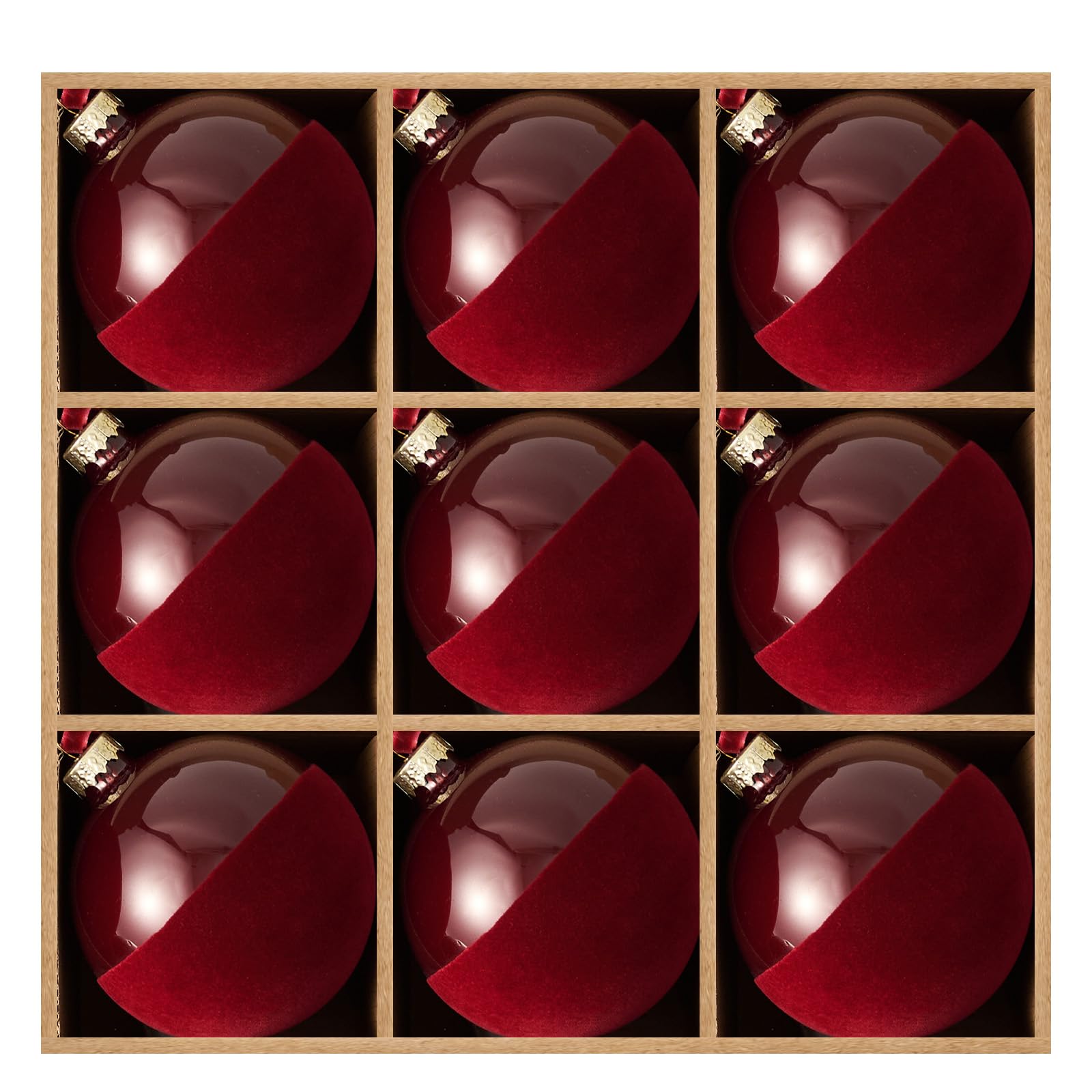 DN DECONATION front view of nine red half velvet balls showing cohesive set and elegance