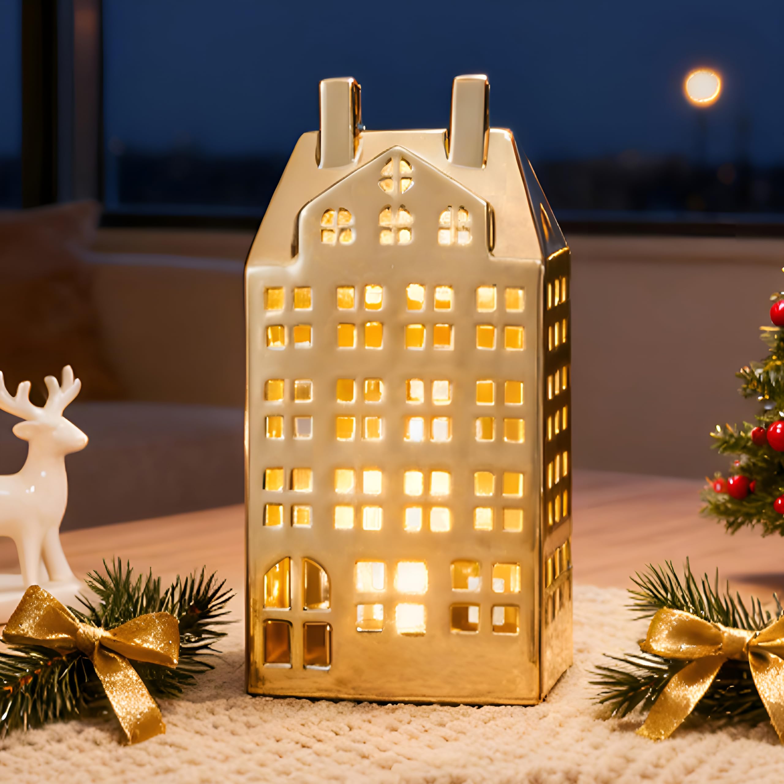 DN DECONATION front view of gold ceramic house showing elegant silhouette and festive appeal