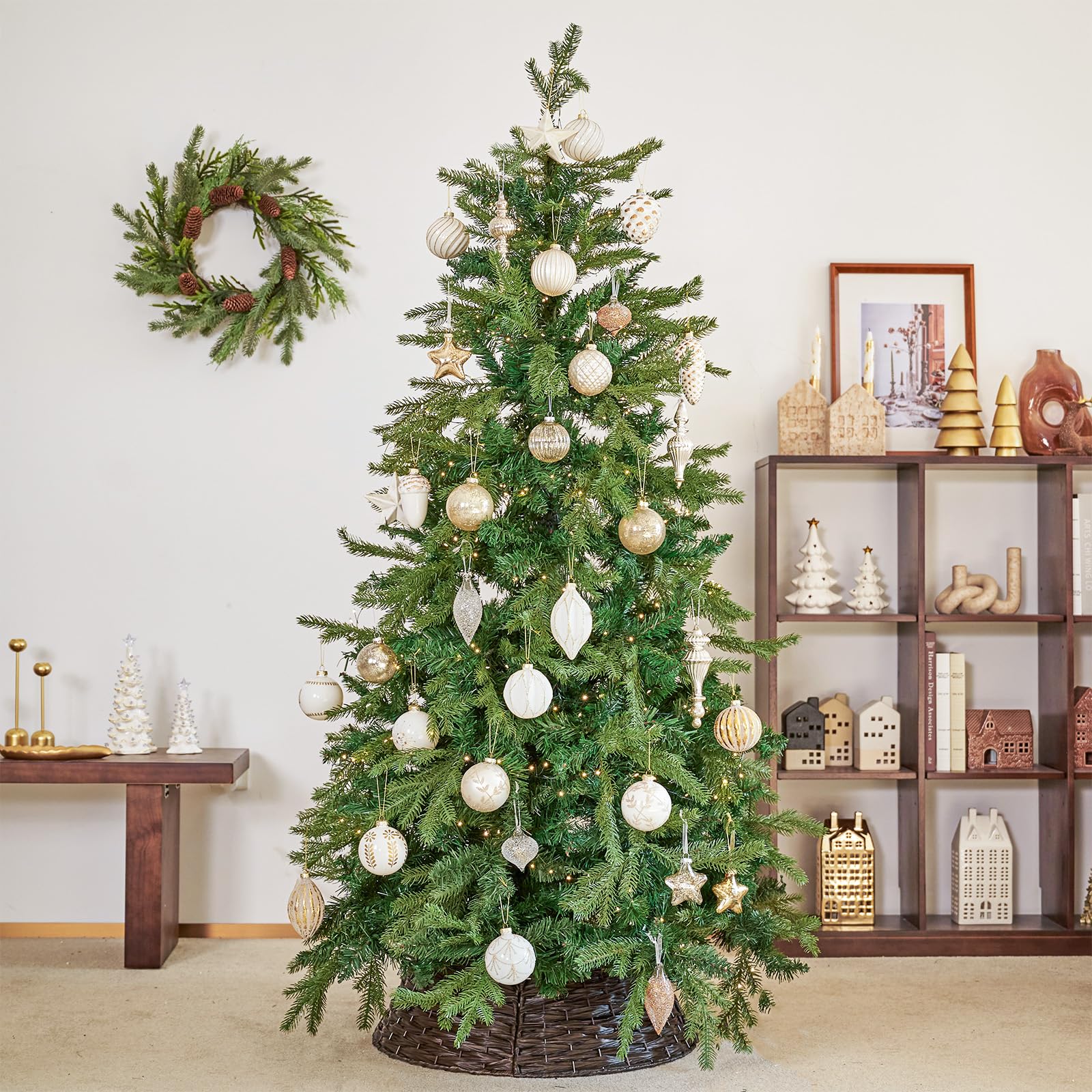 DN DECONATION ornaments hanging on a decorated tree giving balanced light reflection