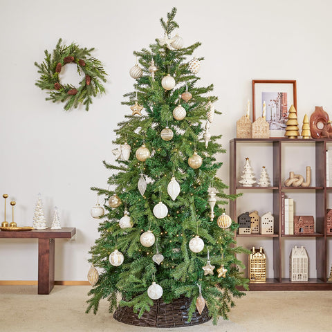 DN DECONATION ornaments hanging on a decorated tree giving balanced light reflection