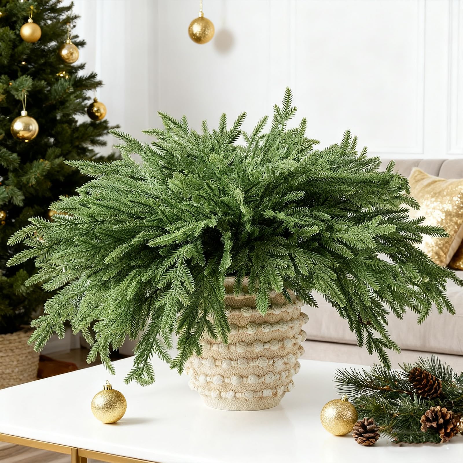 DN DECONATION front packaging showing twelve faux Norfolk pine stems with polished finish