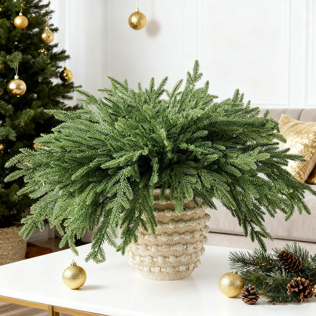 DN DECONATION front packaging showing twelve faux Norfolk pine stems with polished finish