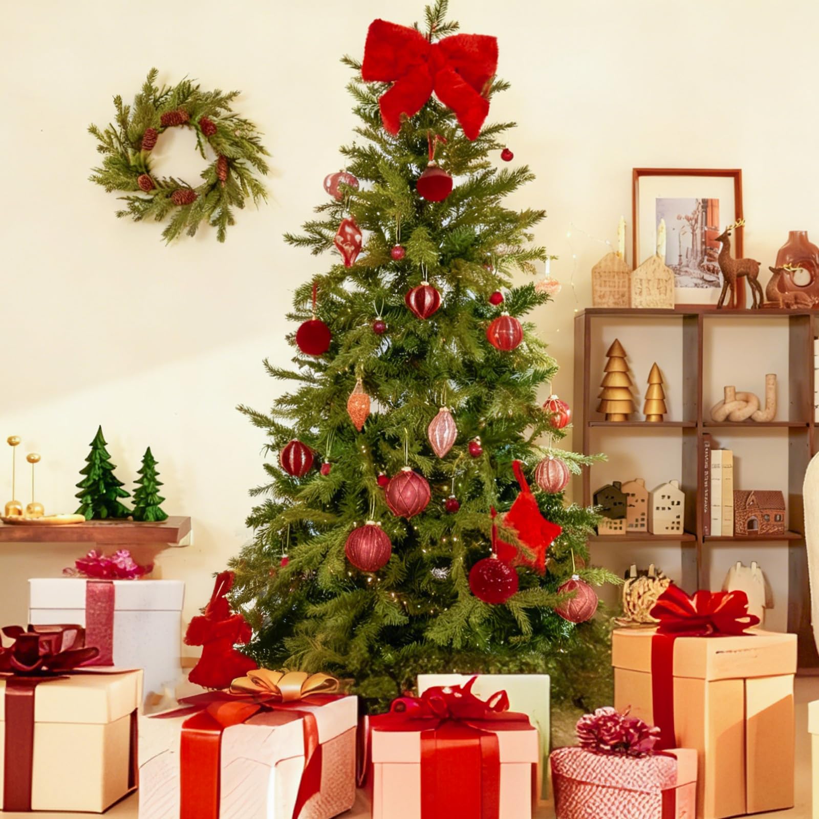 DN DECONATION ornaments hanging on a decorated Christmas tree adding warm accents