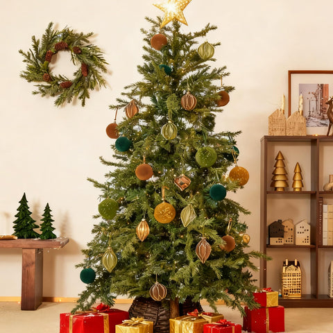 DN DECONATION ornaments on a decorated tree showing rustic charm and cohesive styling
