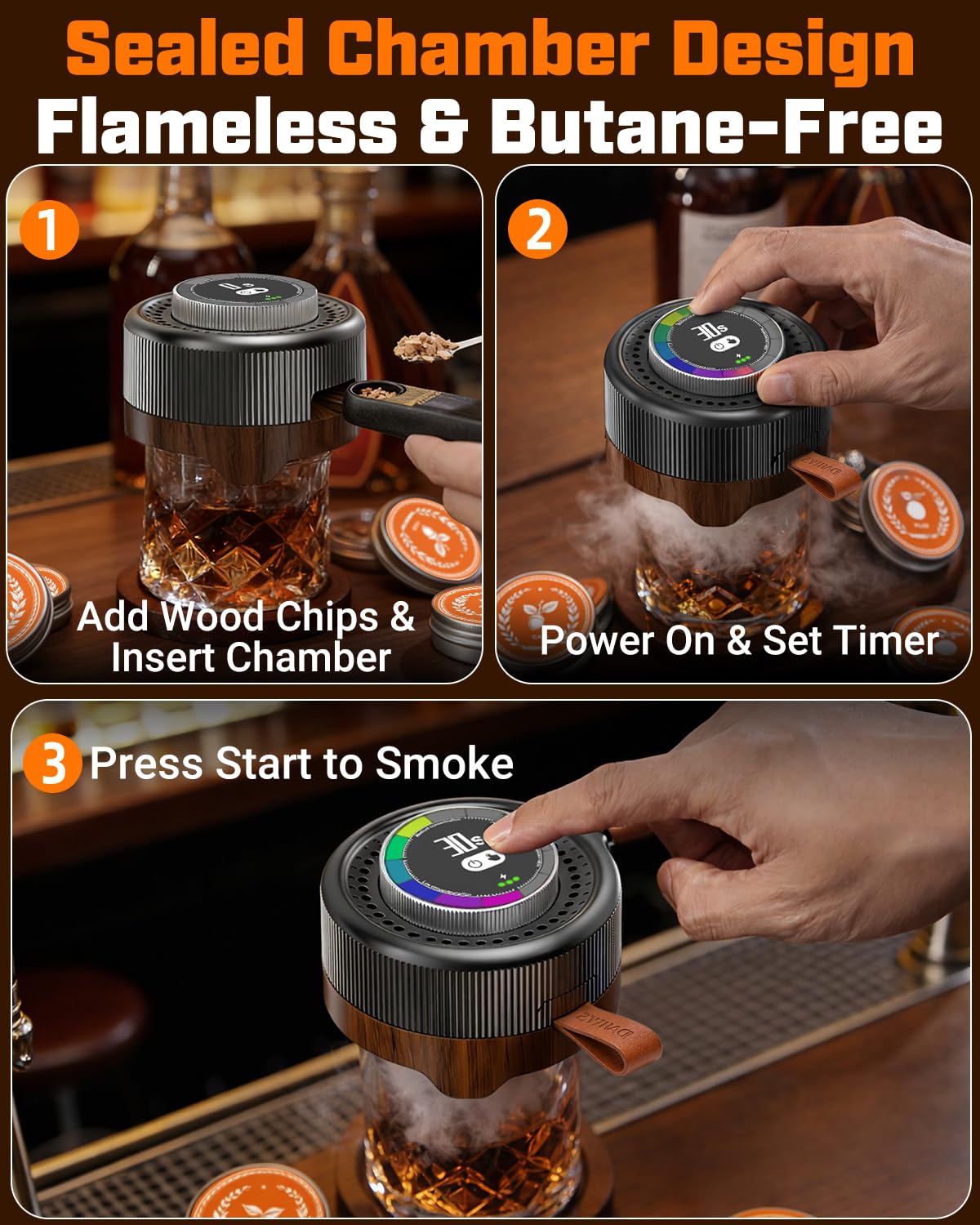 DNIWS smoker placed on Old Fashioned glass adding smoky cocktail aroma