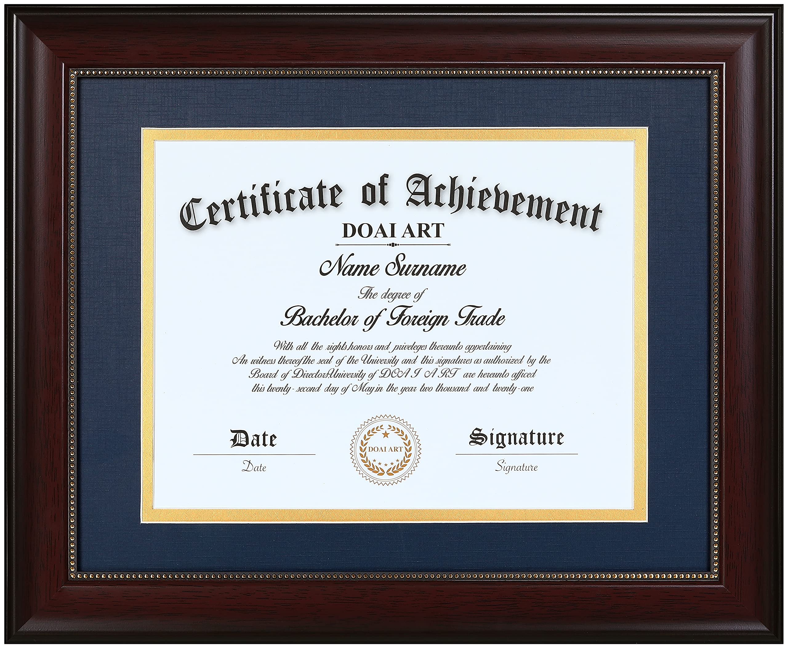DOAI ART diploma frame front view showing mahogany finish and blue-over-gold mat for elegant display