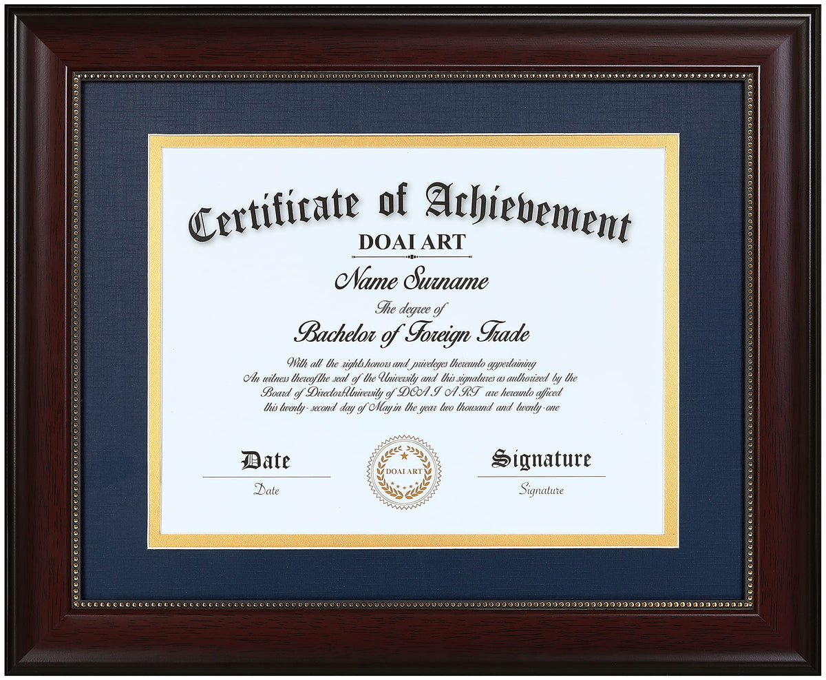 DOAI ART diploma frame front view showing mahogany finish and blue-over-gold mat for elegant display