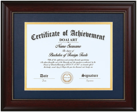 DOAI ART diploma frame front view showing mahogany finish and blue-over-gold mat for elegant display