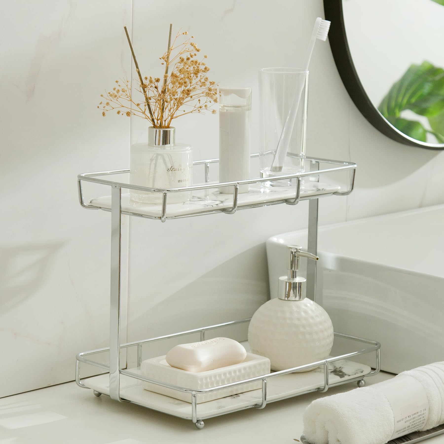 Dobbyby front view vanity organizer shows tidy cosmetics storage benefit