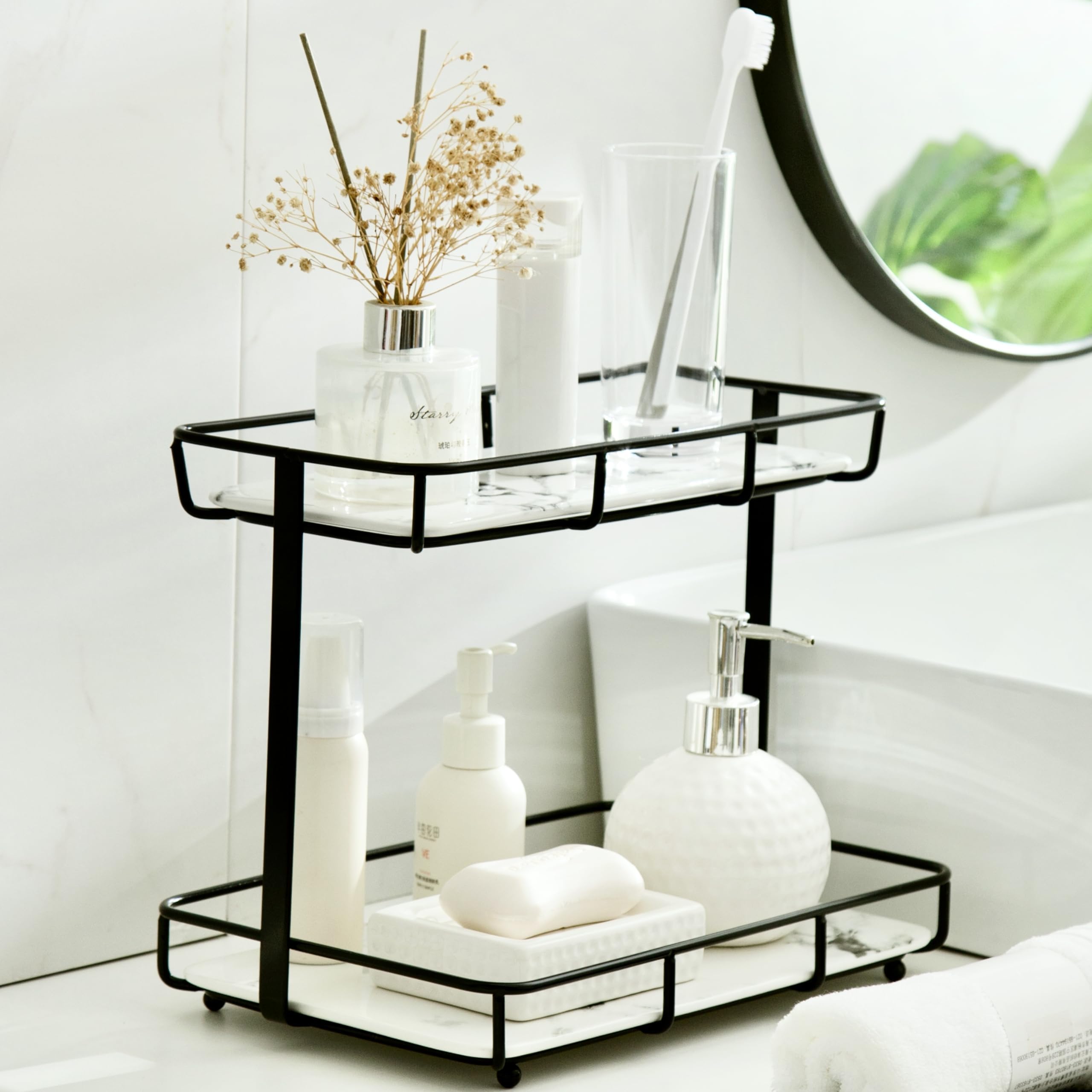 Dobbyby front view showing neat perfume and makeup display, saves countertop space