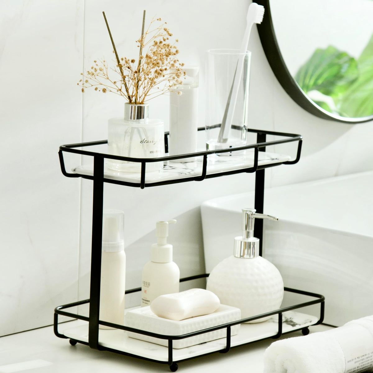 Dobbyby front view showing neat perfume and makeup display, saves countertop space