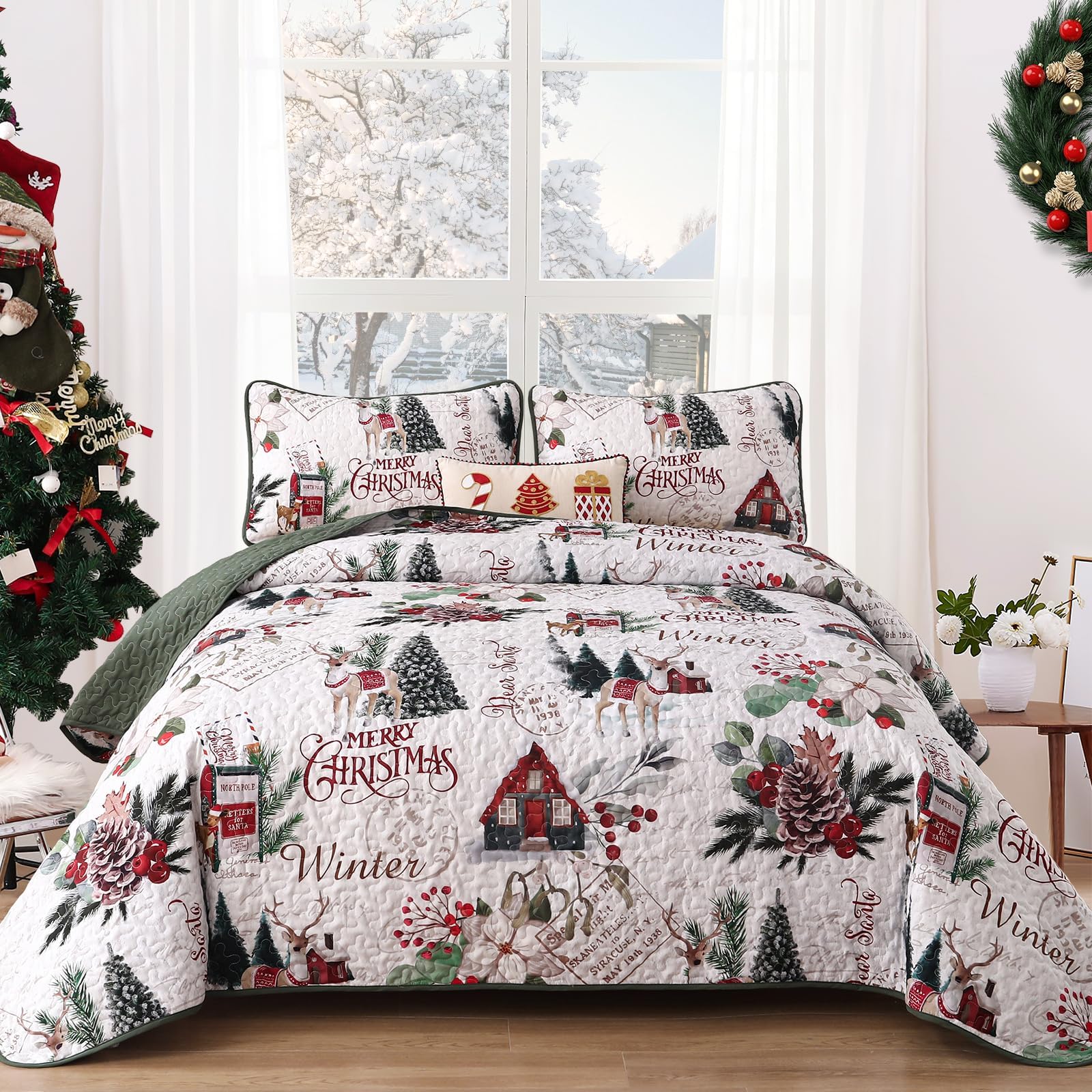 Dobuyly front view of quilt packaging showing festive holiday design and easy setup benefit