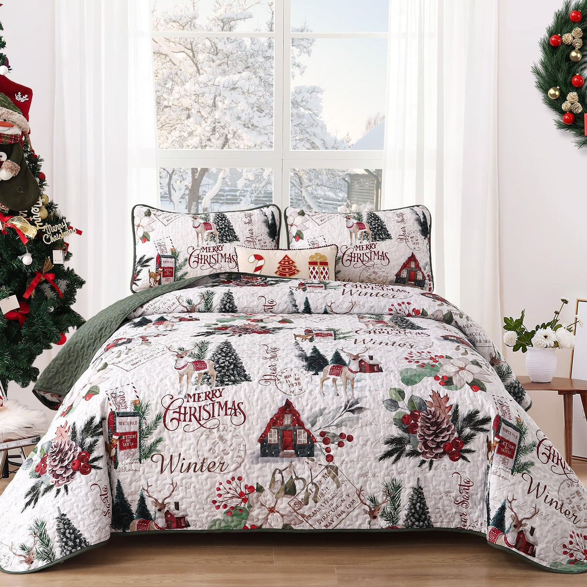 Dobuyly front view of quilt packaging showing festive holiday design and easy setup benefit