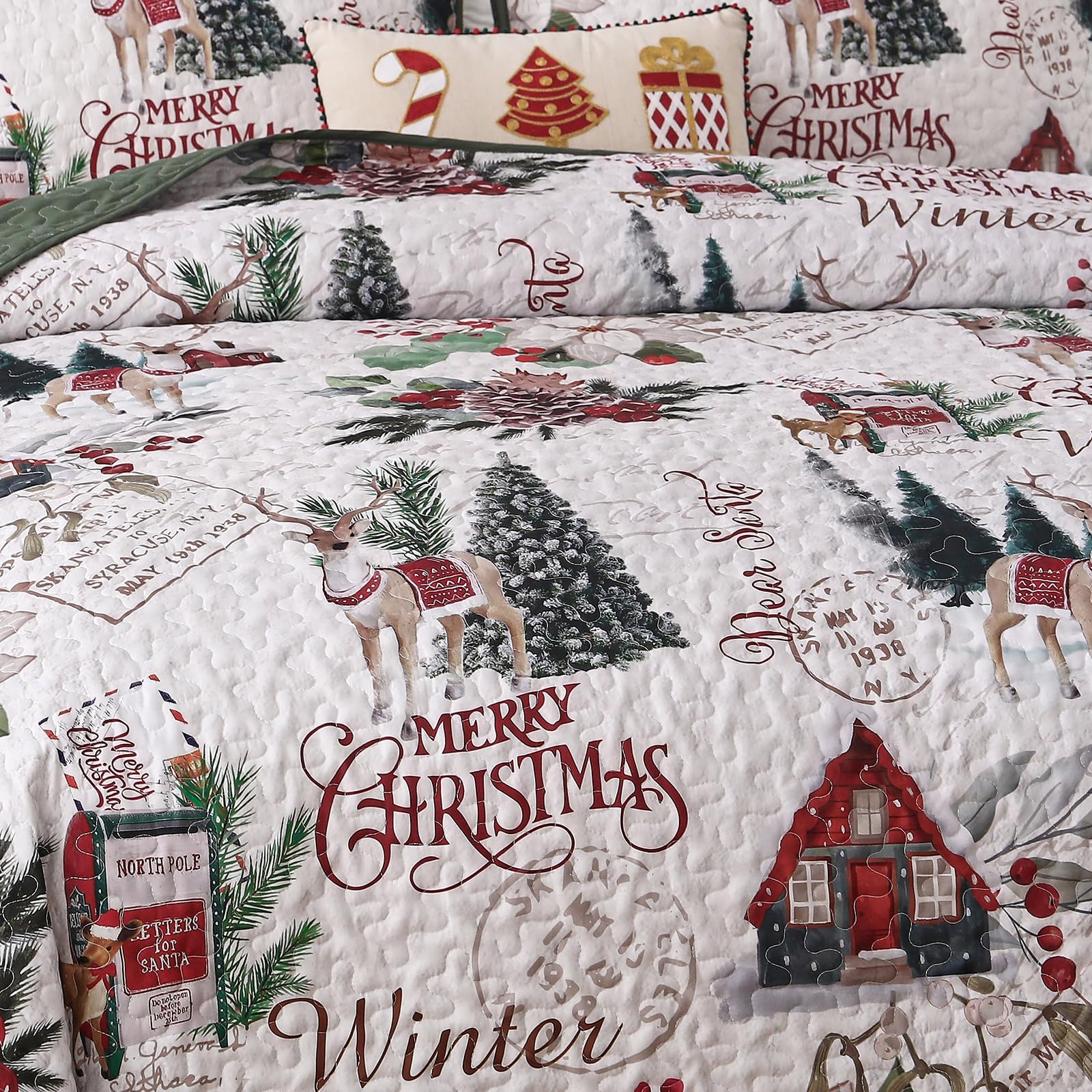 Dobuyly quilt displayed on queen bed demonstrating warm holiday ambiance