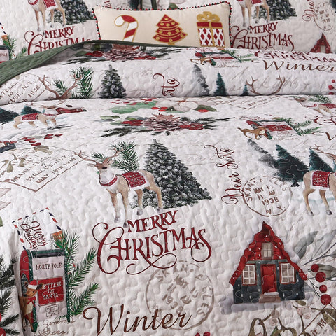 Dobuyly quilt displayed on queen bed demonstrating warm holiday ambiance