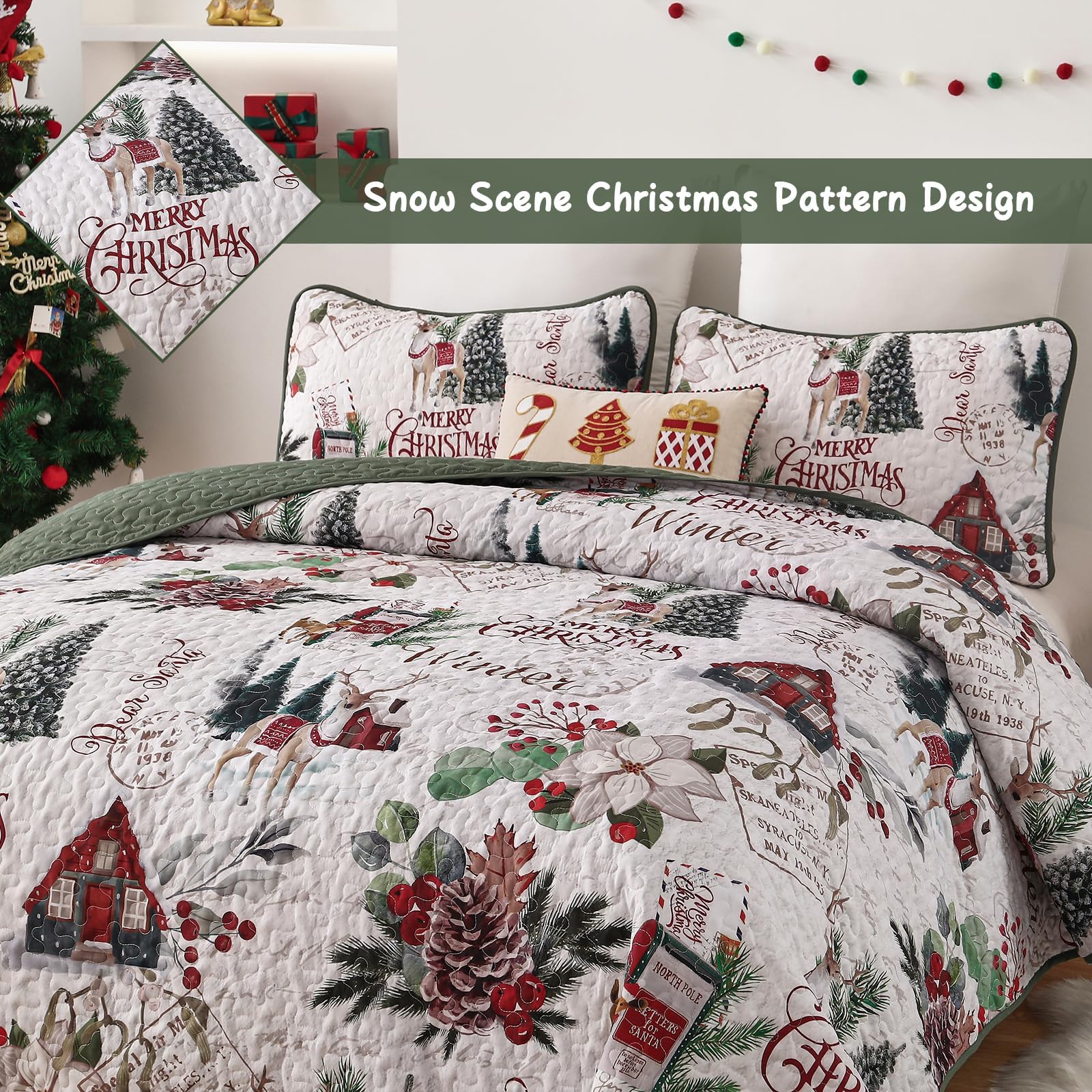 Dobuyly styled bedroom scene showing festive bedding creating instant holiday cheer