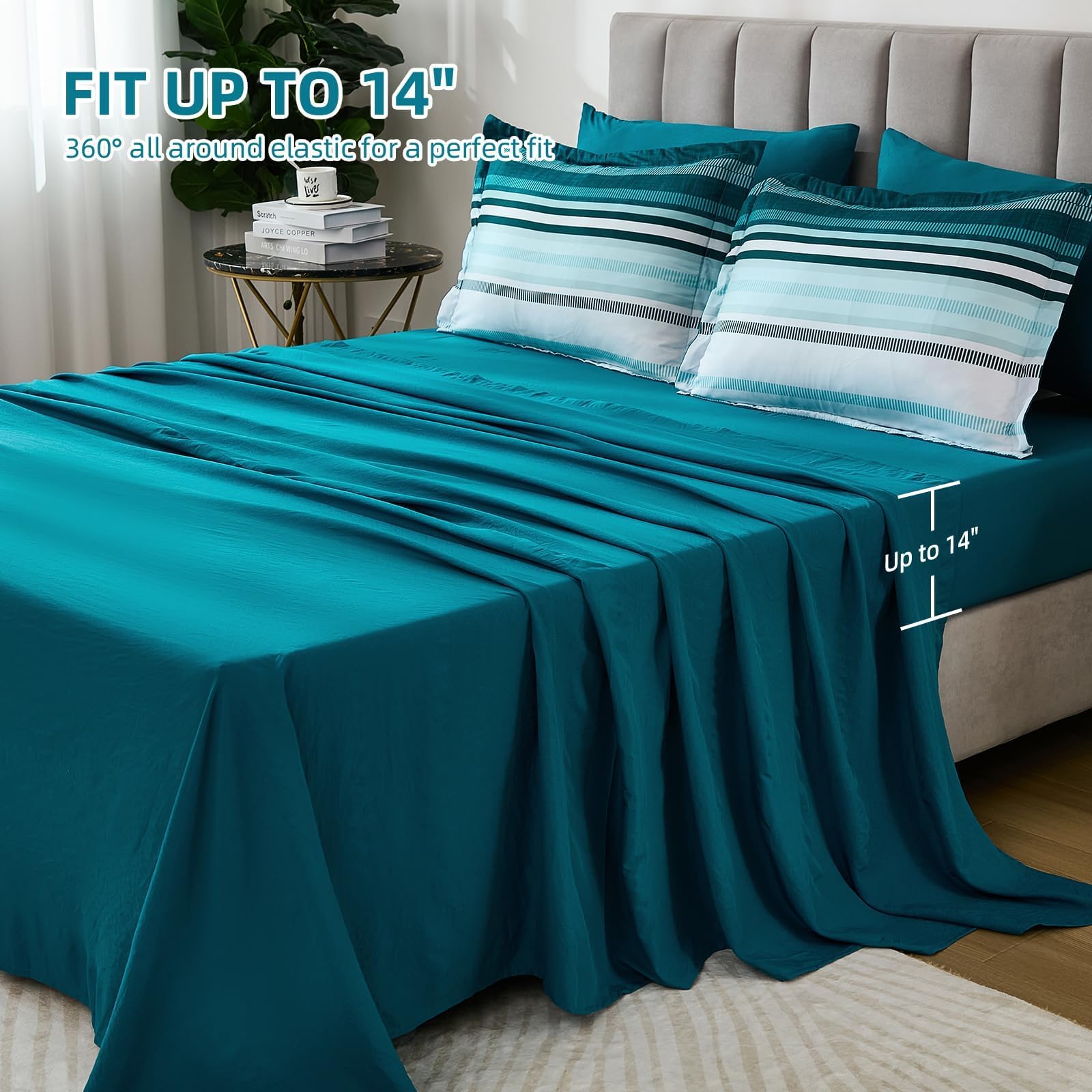 Dobuyly lifestyle shot of bed in room shows how stripes uplift bedroom decor and ambiance