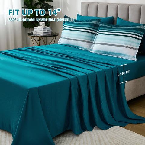 Dobuyly lifestyle shot of bed in room shows how stripes uplift bedroom decor and ambiance