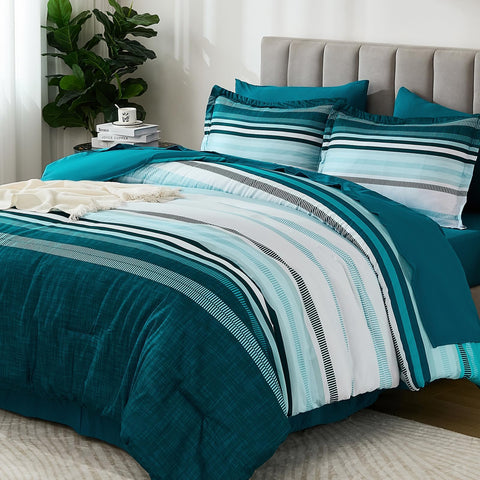 Dobuyly front view of teal striped comforter set shows coordinated bedroom styling and calm color