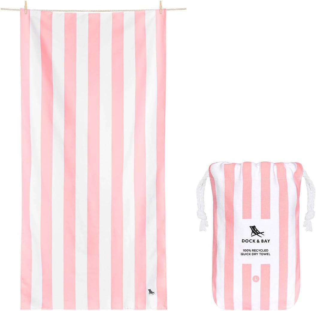Dock & Bay front view of cabana towel shows striped design and compact benefit