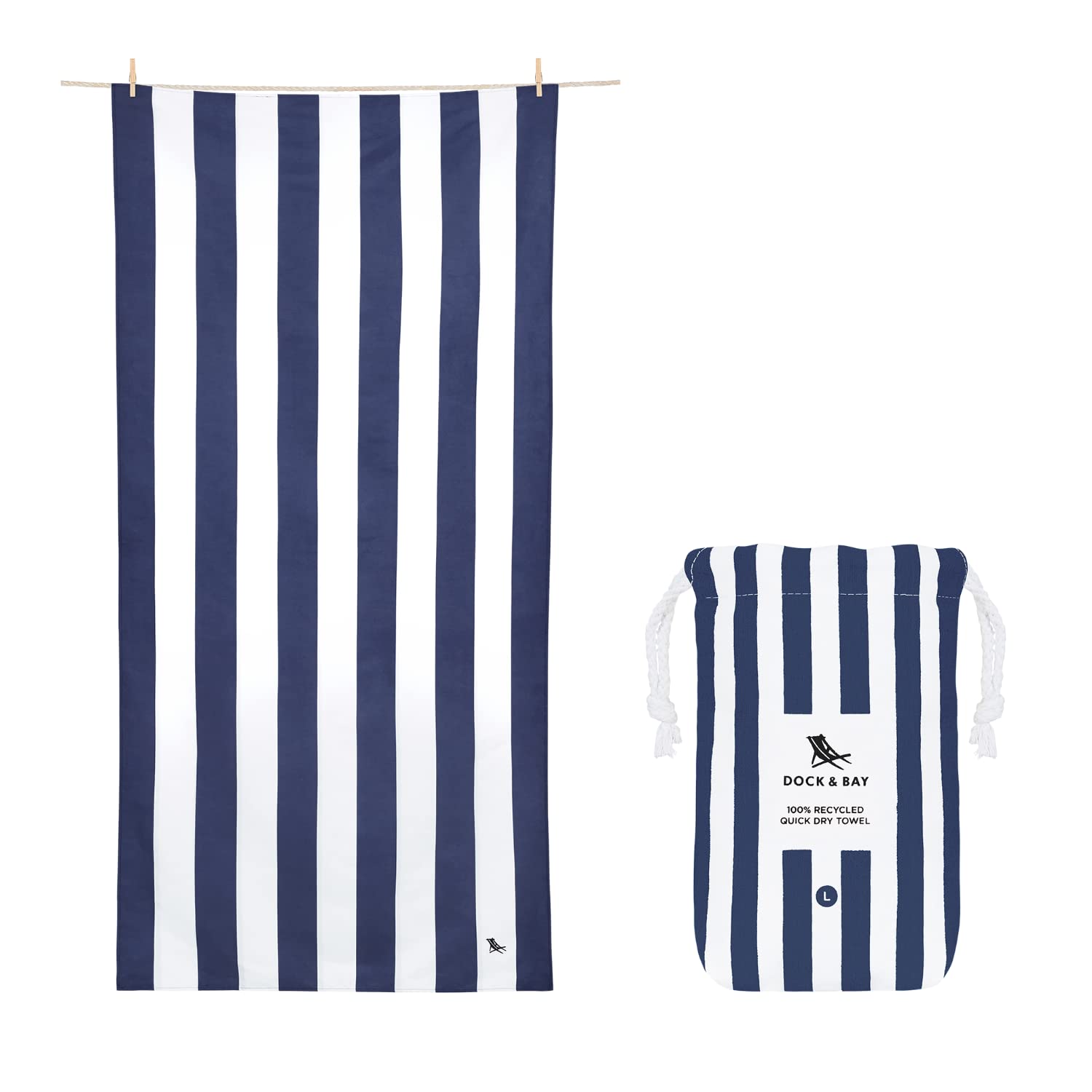 Dock & Bay towel front view showing Whitsunday Blue stripes and large coverage benefit