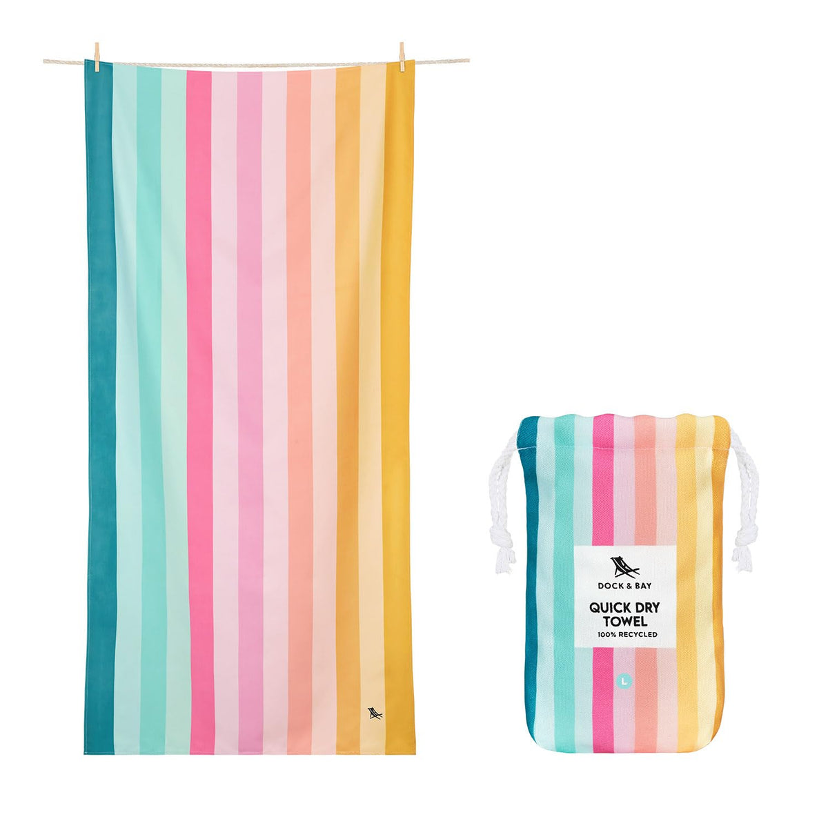 Dock & Bay front view of Coastal Candy towel showing vibrant stripes and coverage