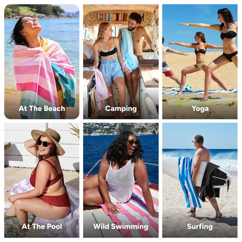 Dock & Bay towel laid on sandy beach demonstrating sand-free performance