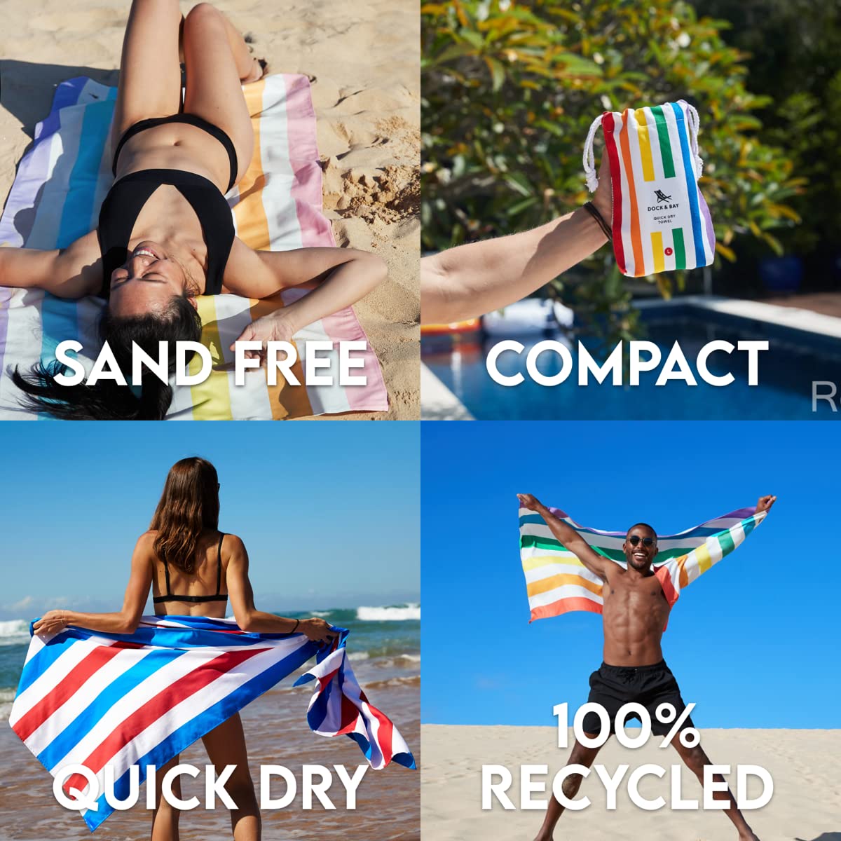 Person using Dock & Bay towel on beach showing fast-drying, lightweight benefit
