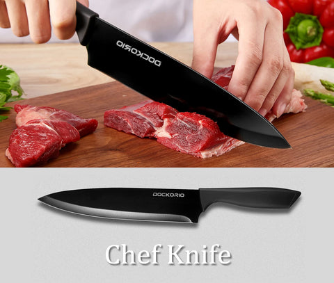 Dockorio knife in use chopping veggies showing clean cuts and efficient prep benefit