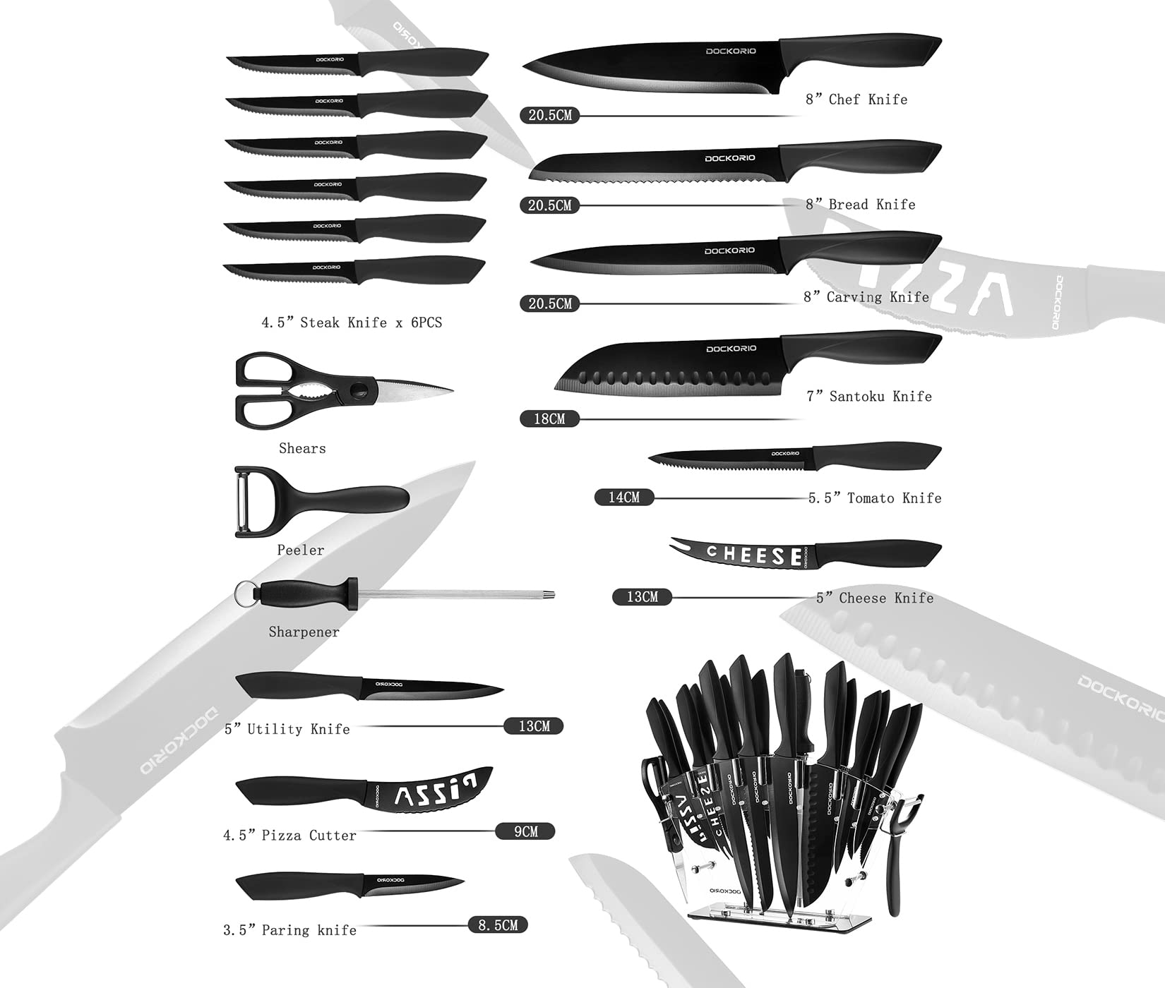Dockorio steak knives set arranged showing consistent blades and elegant table service benefit