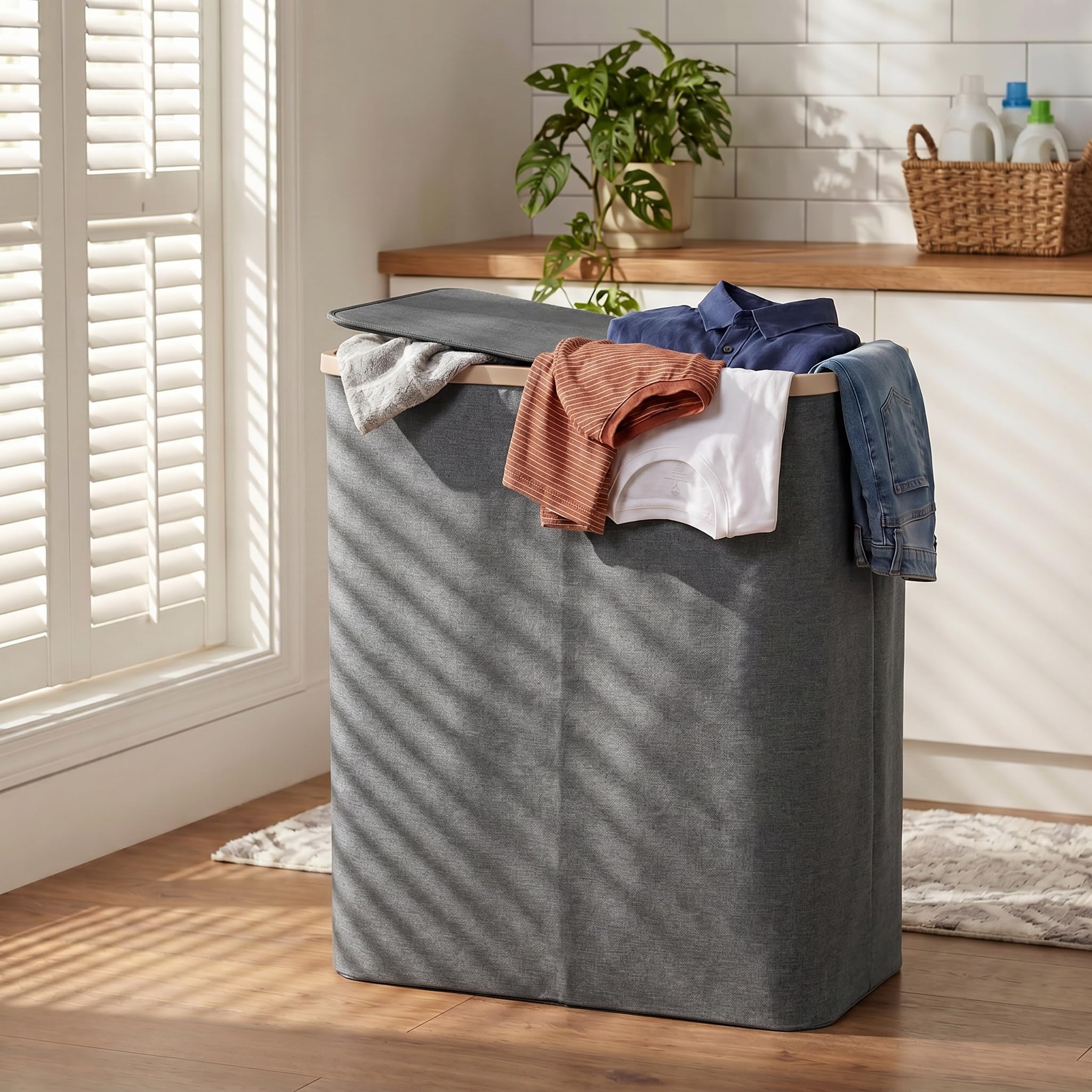 DOKEHOM in modern bedroom demonstrating concealed laundry for tidy space benefit