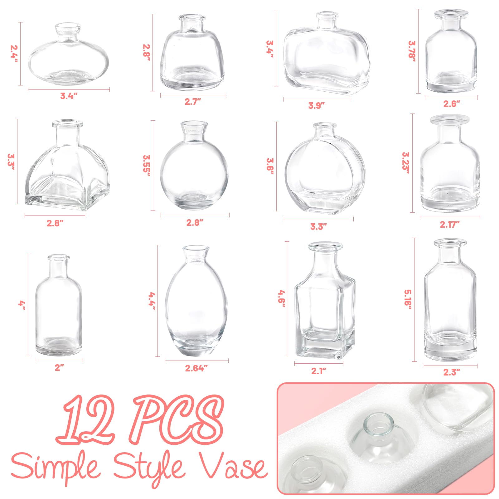 DOLEEYAE twelve clear bud vases arranged to show unique shapes and versatility