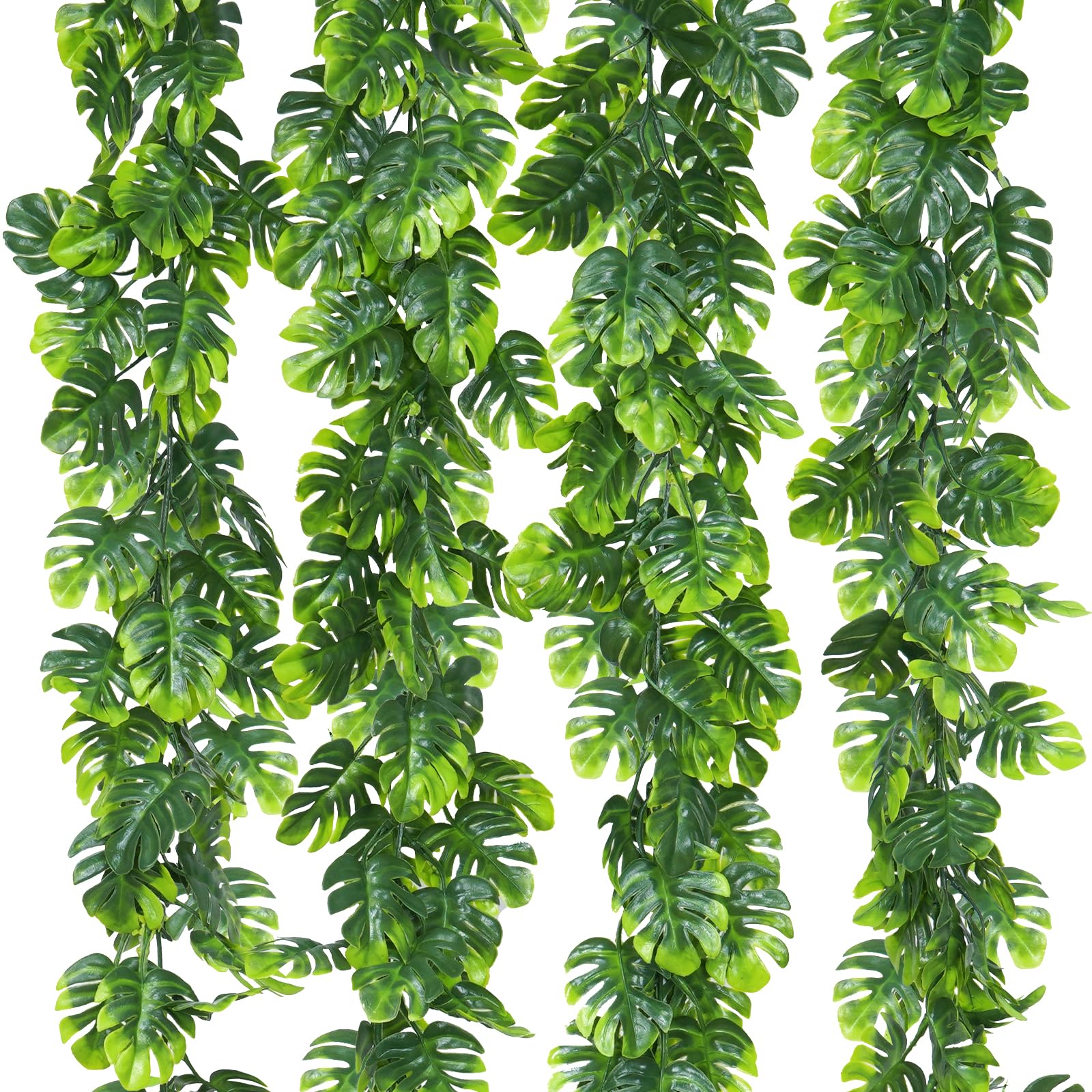 Dolicer front packaging showing four 5.6ft monstera garlands and included hooks for easy setup
