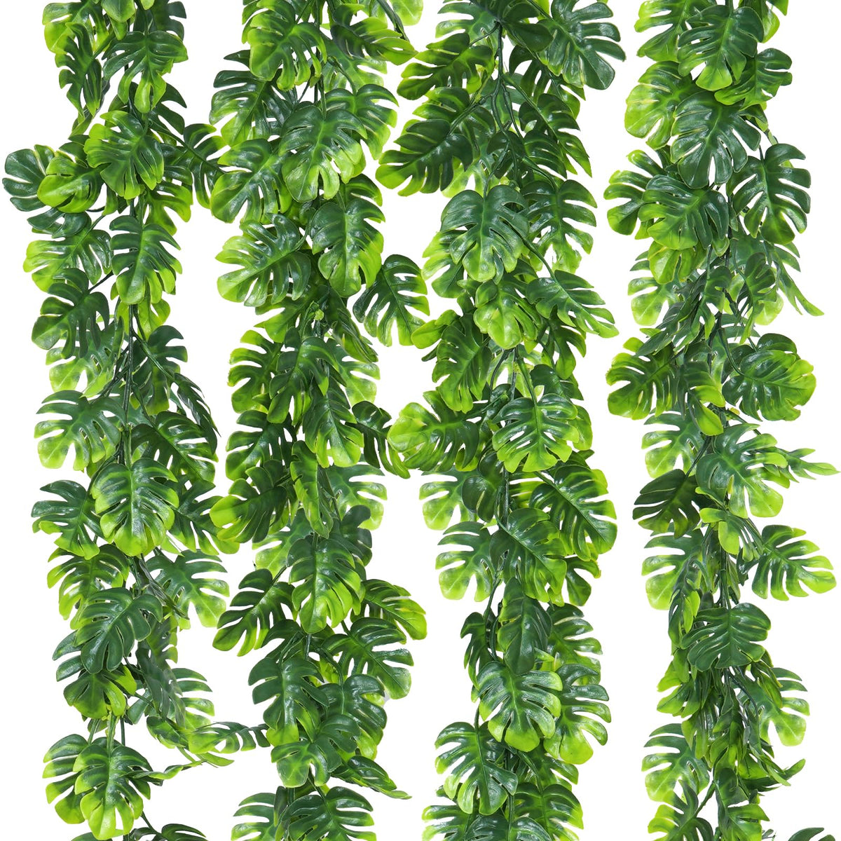 Dolicer front packaging showing four 5.6ft monstera garlands and included hooks for easy setup
