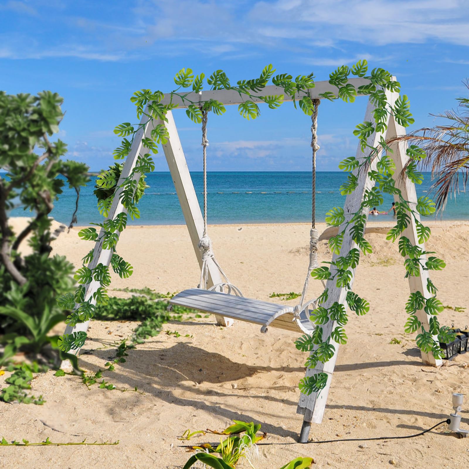 Dolicer garlands hanging on a porch adding year-round greenery and low-maintenance charm