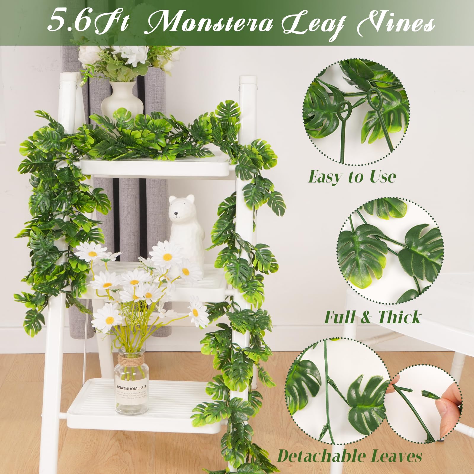 Dolicer vines draped on a shelf to illustrate size and layering for home styling