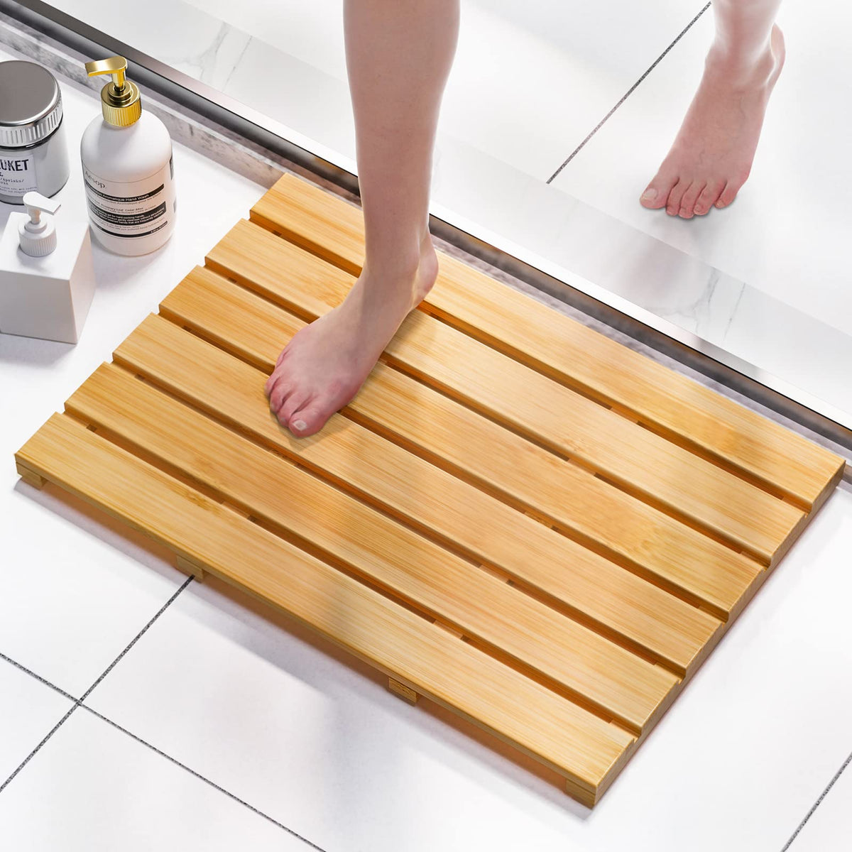 Domax bamboo bath mat front view showing clean lines and natural warmth benefit: spa-like feel