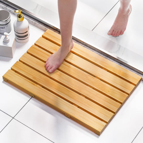 Domax bamboo bath mat front view showing clean lines and natural warmth benefit: spa-like feel