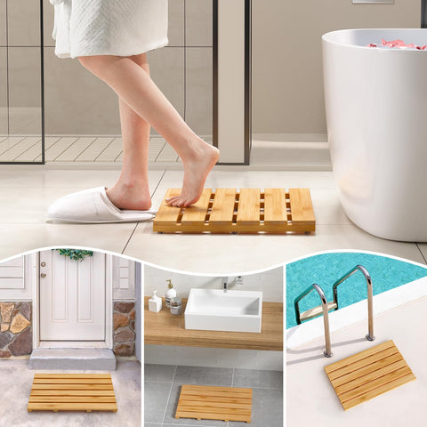 Domax bamboo mat placed inside shower benefit: reduces wet-floor hazards