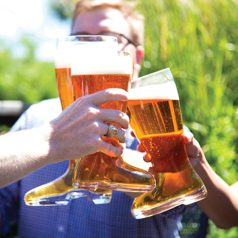 Domestic Corner Das Boot filled with beer showing head retention and visual appeal