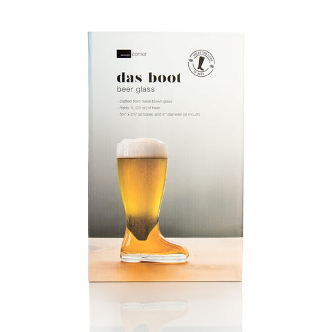 Domestic Corner Das Boot beside pint glass for scale demonstrating generous liter size