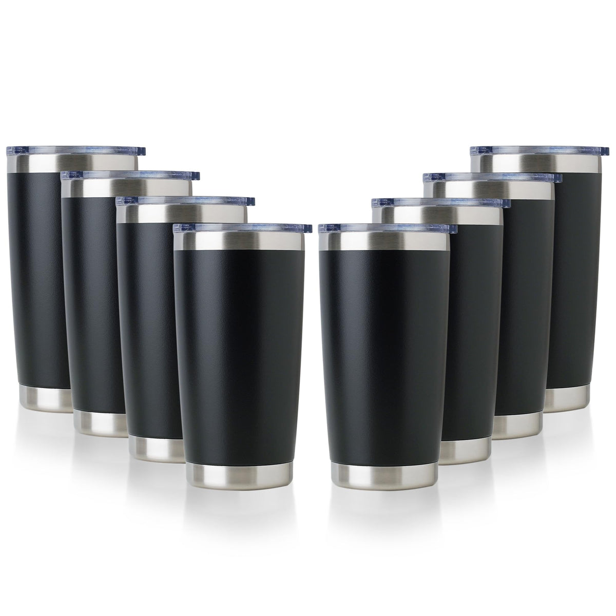 DOMICARE front view of eight 20oz tumblers showing uniform powder black finish and lids, durable look