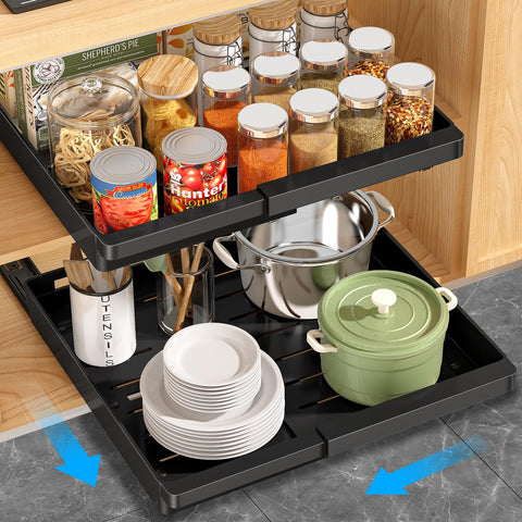 DOMNIU front view showing two black pull-out organizers and easy access benefit
