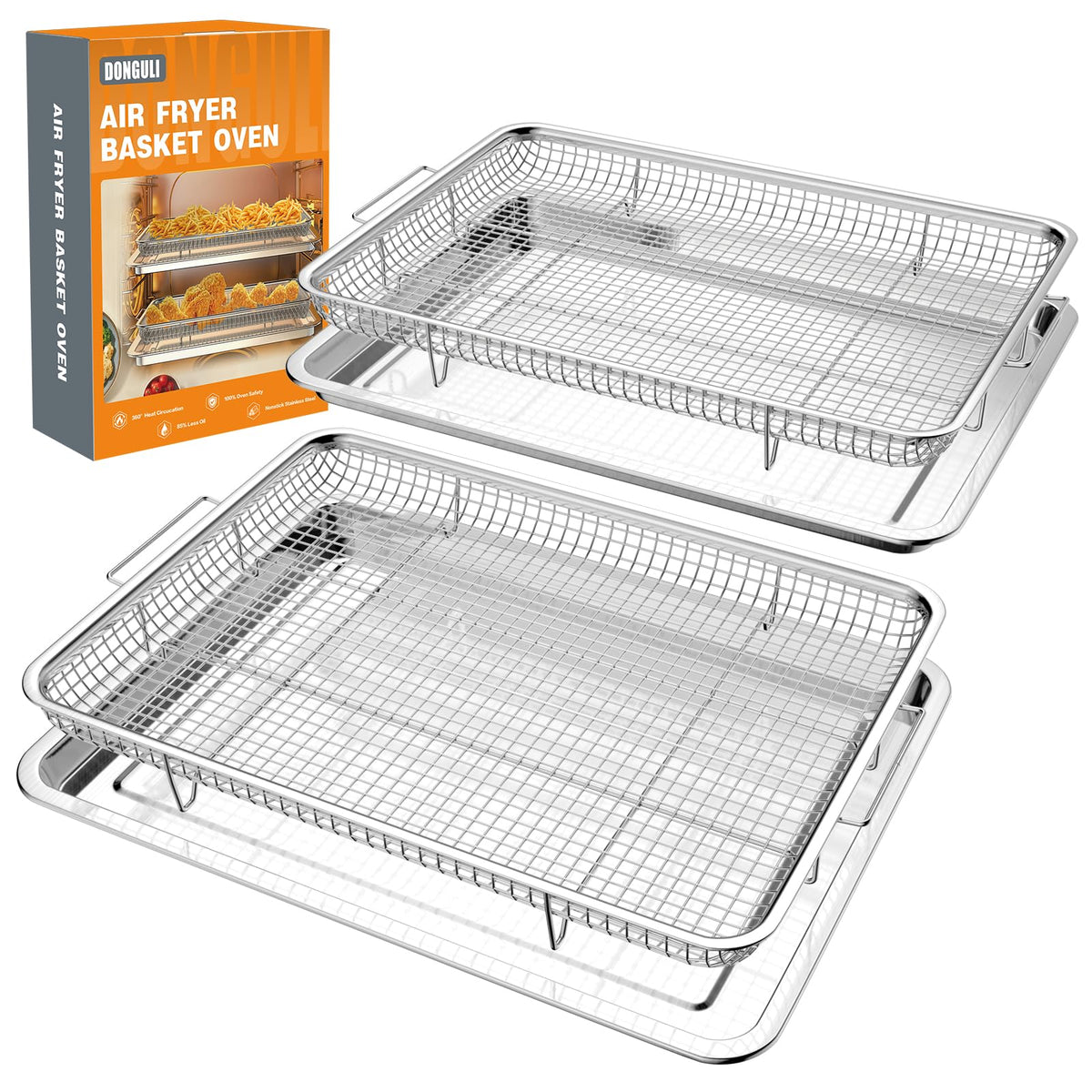DONGULI front view of both stainless steel baskets and tray showing capacity